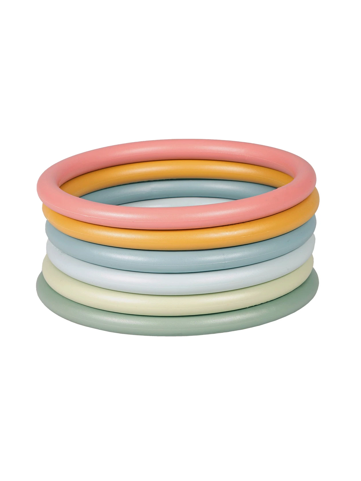 Sześć ułożonych kolorowych pierścieni (activity rings) do zabawy od marki Little Dutch.