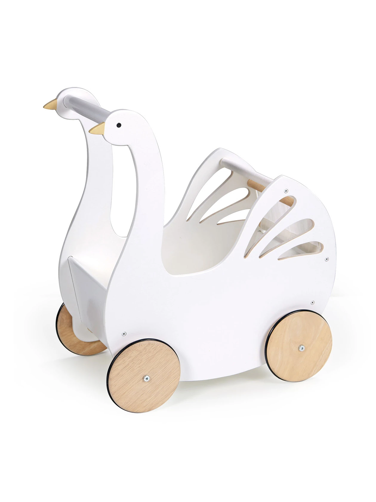 Drewniany wózek dla lalek w kszatłcie łabiędzia od marki Tender Leaf Toys.