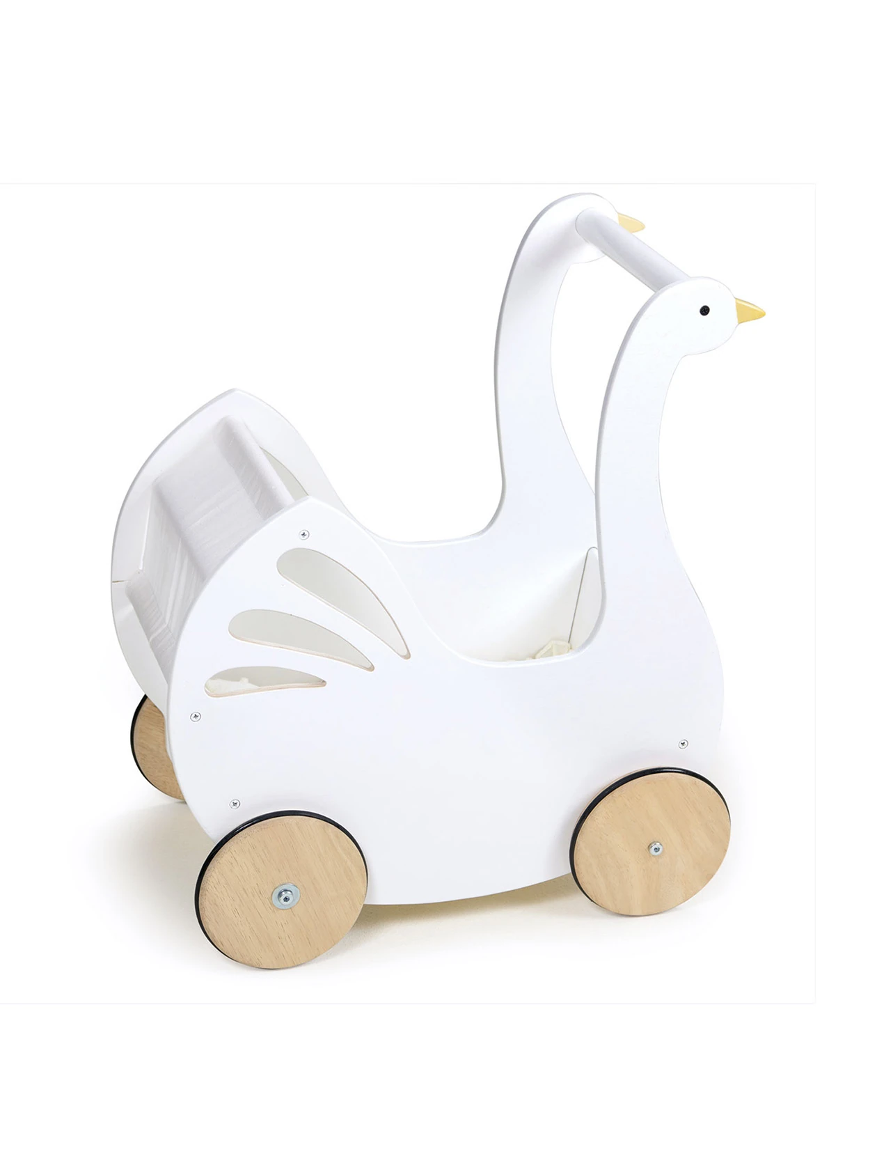Drewniany wózek dla lalek Łabędź od Tender Leaf Toys z boku na białym tle.