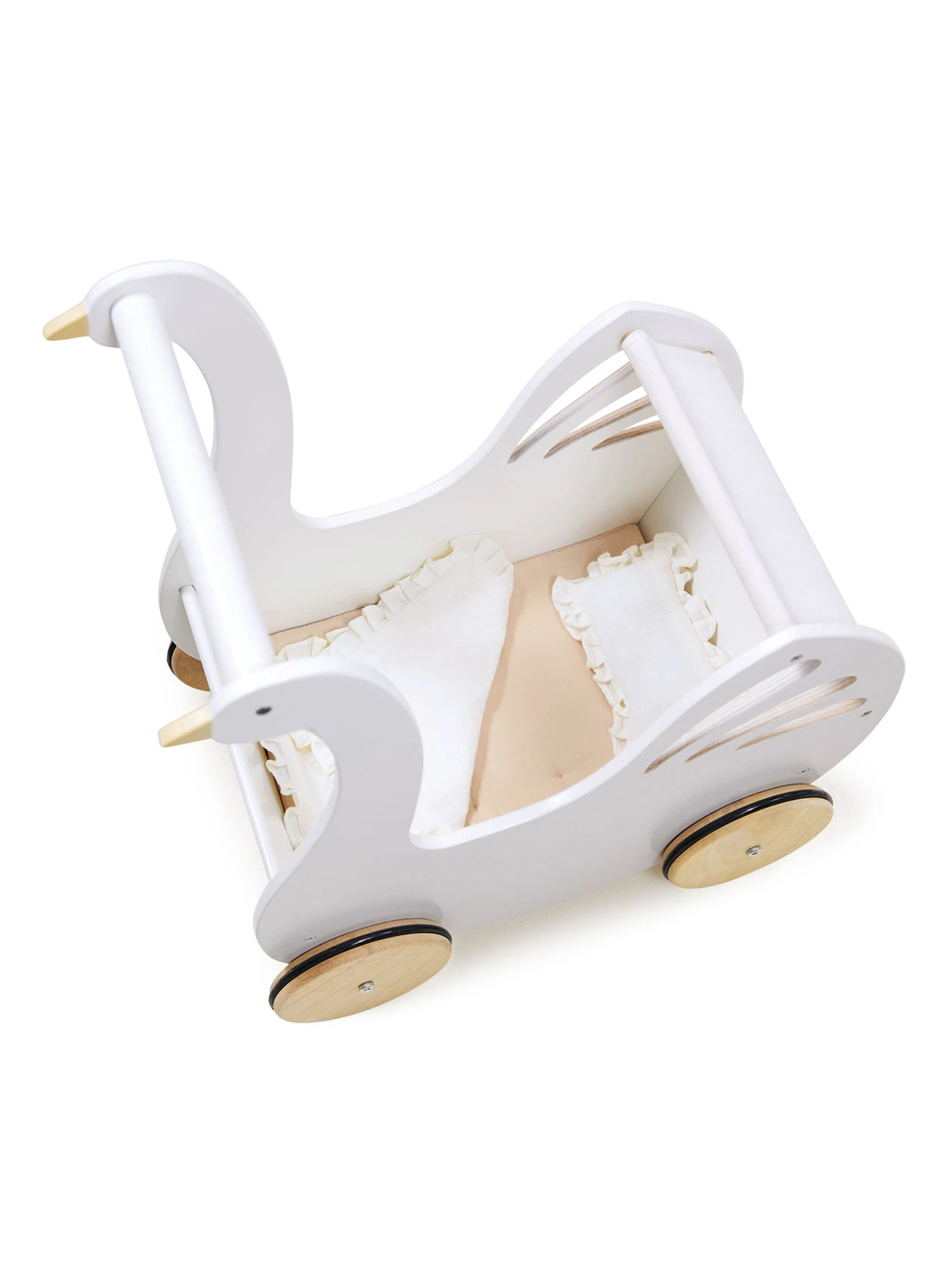Drewniany wózek dla lalek z akcesoriami Łabędź od Tender Leaf Toys z góry na białym tle.