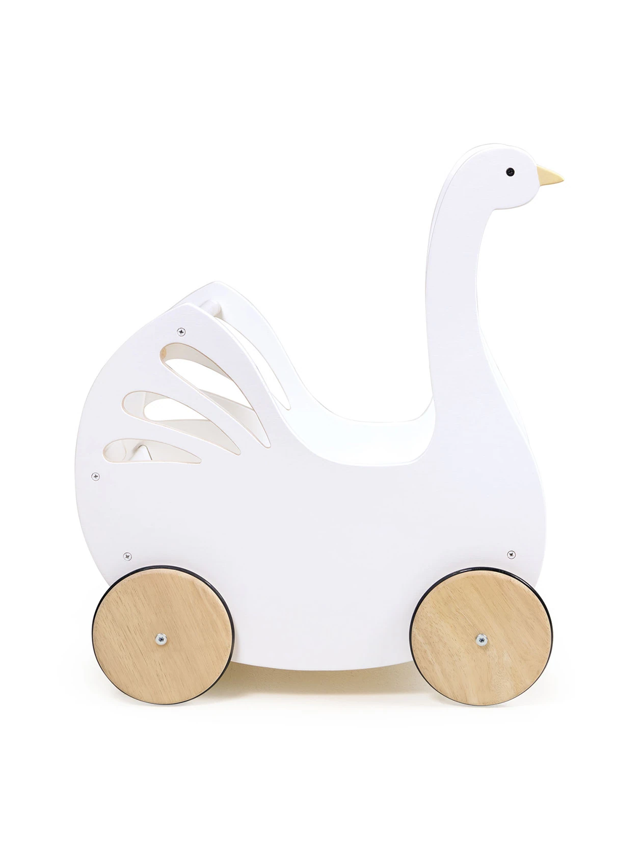 Drewniany wózek dla lalek z akcesoriami - Łabędź od Tender Leaf Toys na wprost na białym tle.